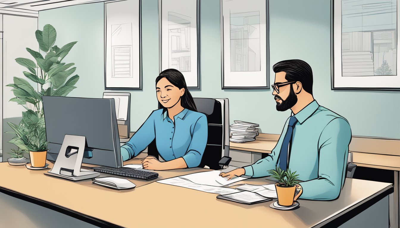 A customer sits at a desk, discussing POSB loan services with a bank representative. Papers and a computer are on the desk
