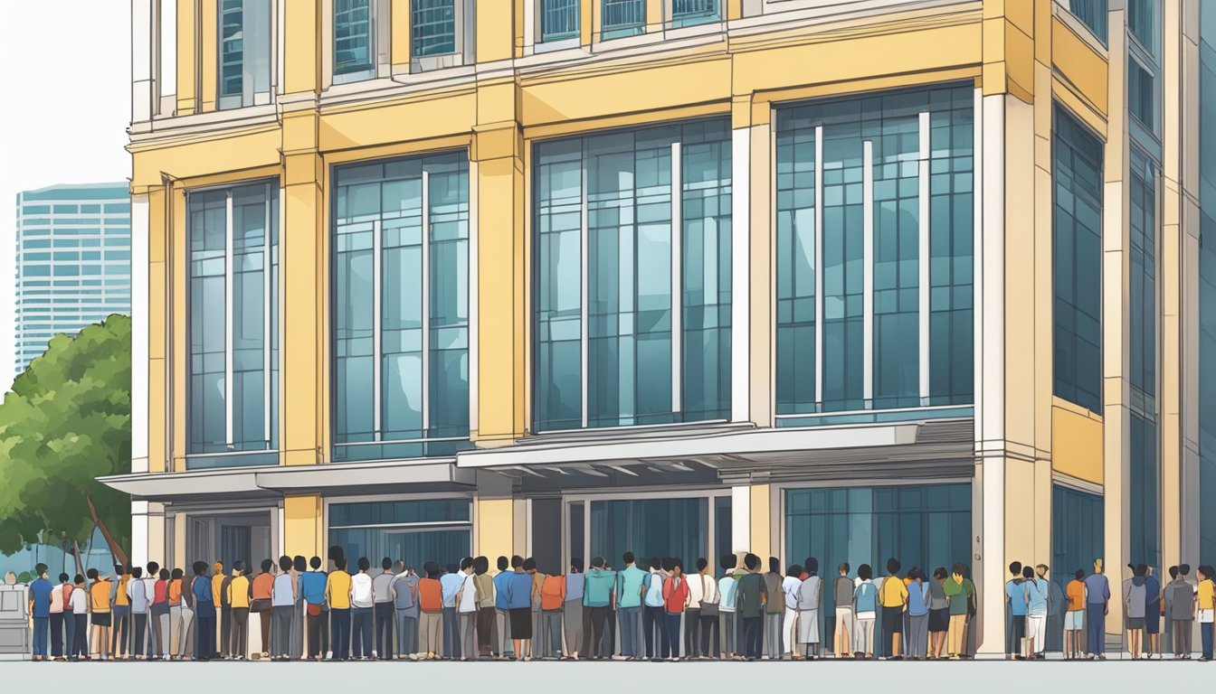 Ministry of Manpower and Money Lender building in Singapore with a line of foreigners waiting outside