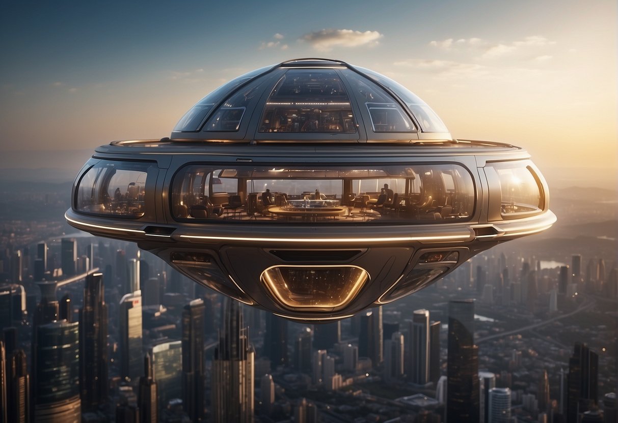 A futuristic spacecraft hovers above a bustling city, with sleek, advanced architecture and bustling activity below. The scene depicts a harmonious blend of technology and culture, hinting at a future where space travel is seamlessly integrated into everyday life