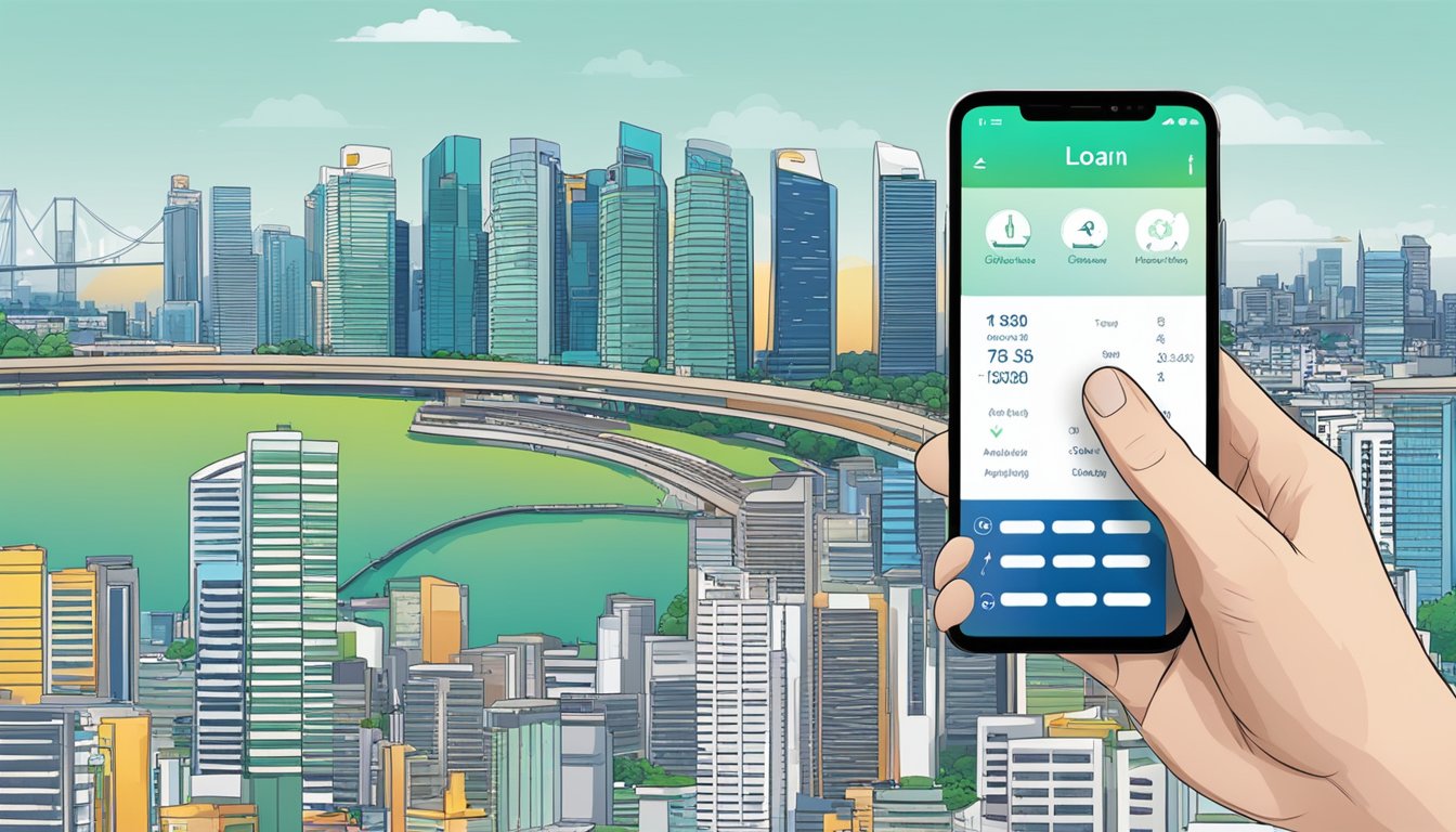 A hand holding a smartphone with the POSB Loan Assist Calculator app open, displaying the Singapore skyline in the background