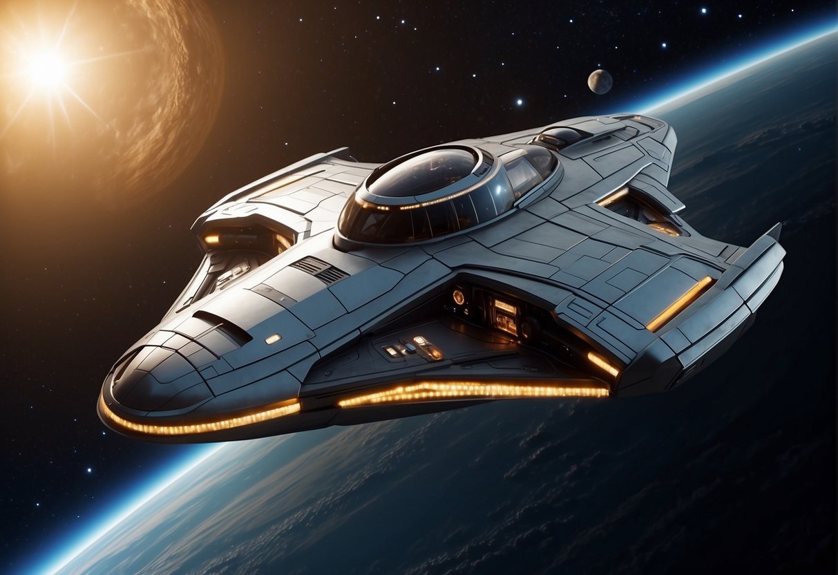 A sleek, futuristic spacecraft hovers above a distant planet, surrounded by a field of twinkling stars. The ship's sleek design and advanced propulsion systems convey a sense of cutting-edge technology and the promise of future space exploration