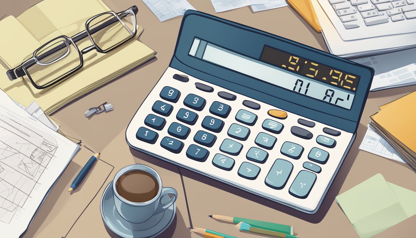 A calculator on a desk with the POSB logo, surrounded by paperwork and a laptop, indicating eligibility and requirements for a loan