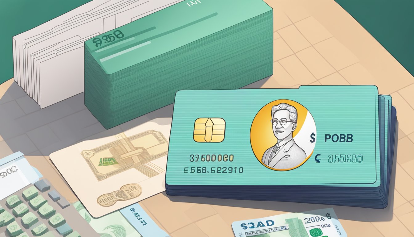 A stack of Singaporean currency sits on a table, with a POSB Multiplier account card placed next to it. The card features the bank's logo and is surrounded by a sleek, modern design