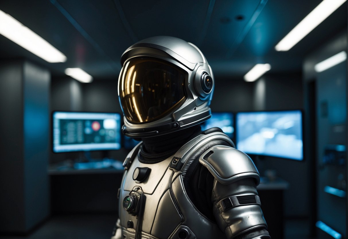 A space suit hangs in a dimly lit room, surrounded by futuristic technology and tools. The suit's sleek, metallic design reflects the glow of monitors and holographic displays