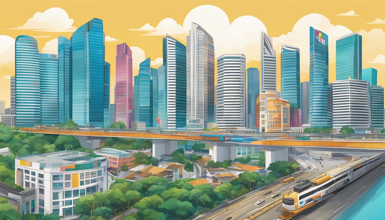 A vibrant cityscape with the iconic POSB logo prominently displayed on a modern bank building. The surrounding area is bustling with activity, showcasing the urban lifestyle of Singapore
