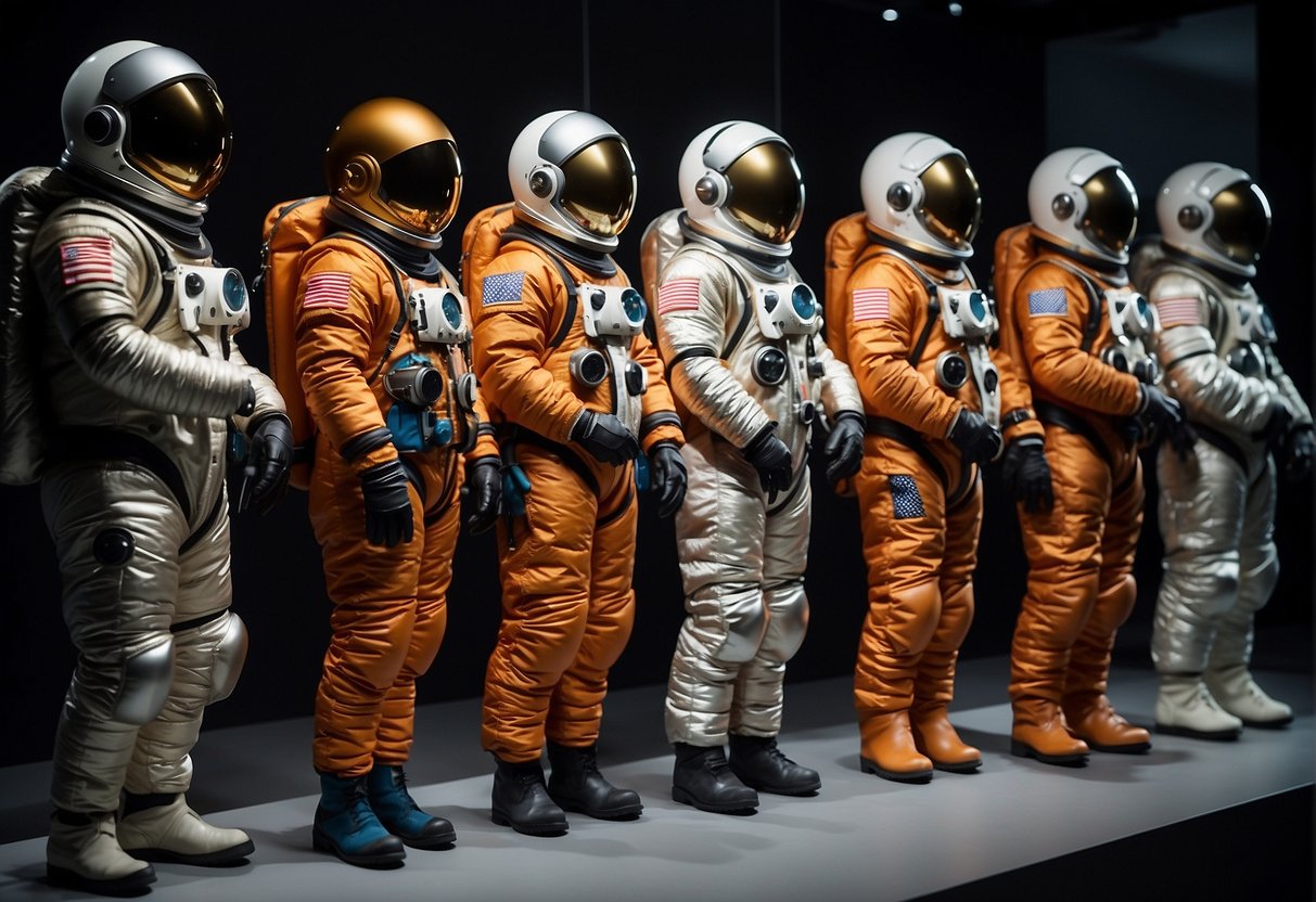 A lineup of space suits from different eras, showcasing the evolution of design. Various helmets, backpacks, and materials are on display