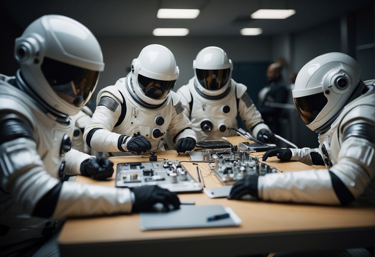 A team of designers and engineers work together in a futuristic workshop, sketching, modeling, and testing various components of space suits for an upcoming movie