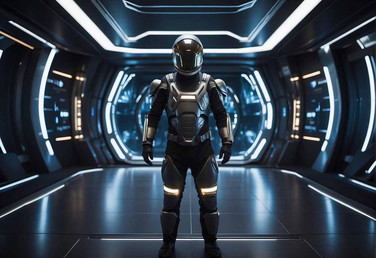 A futuristic space suit hangs in a sleek, high-tech chamber. Glowing lights and intricate details adorn the suit, showcasing advanced technology