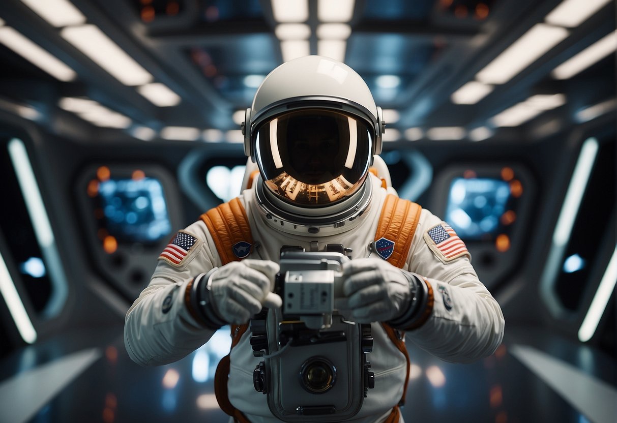 An astronaut space suit hangs suspended in a sleek, futuristic chamber, surrounded by glowing panels and intricate technical equipment