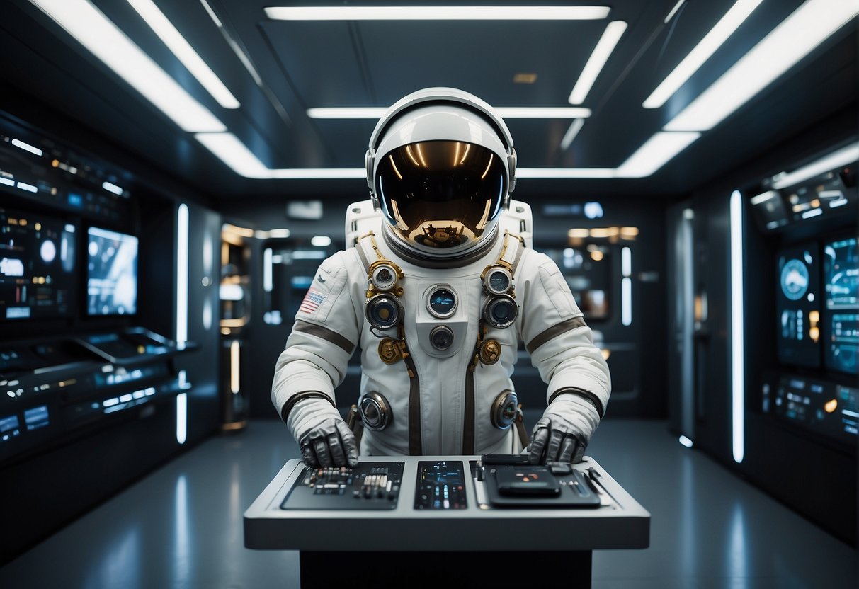 A space suit hangs on a sleek metal rack, surrounded by futuristic gadgets and tools. The suit's sleek design and intricate detailing convey a sense of advanced technology and readiness for space exploration