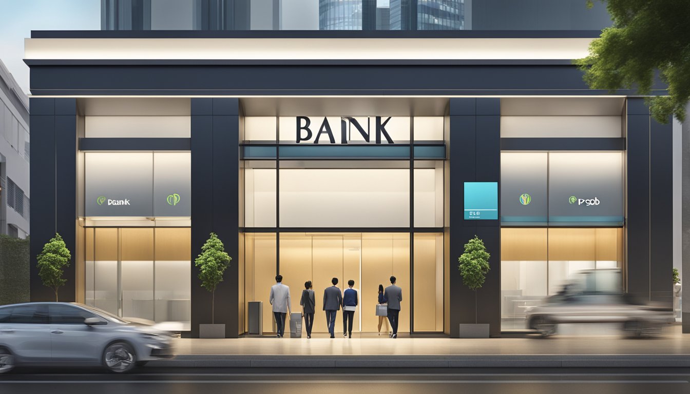 A sleek, modern bank branch in Singapore with the POSB logo prominently displayed on the exterior