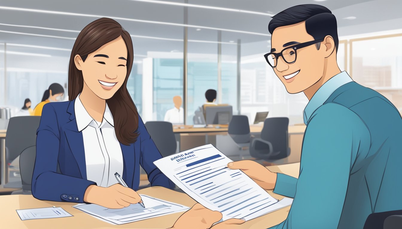 A smiling customer signs loan documents at a POSB bank branch in Singapore, while a friendly staff member explains the features and terms of the personal loan