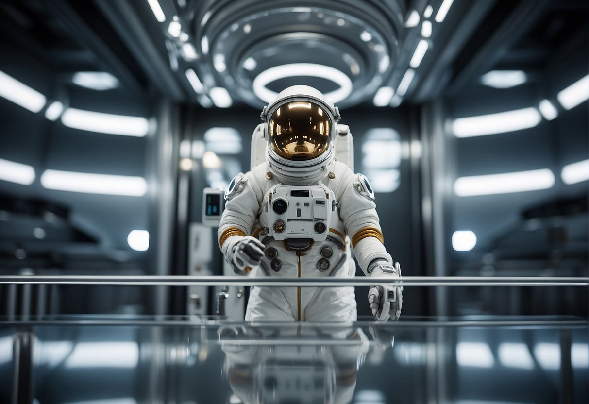 A space suit hangs on a metallic rack, surrounded by futuristic technology and tools. The suit is sleek and white, with glowing elements and intricate details