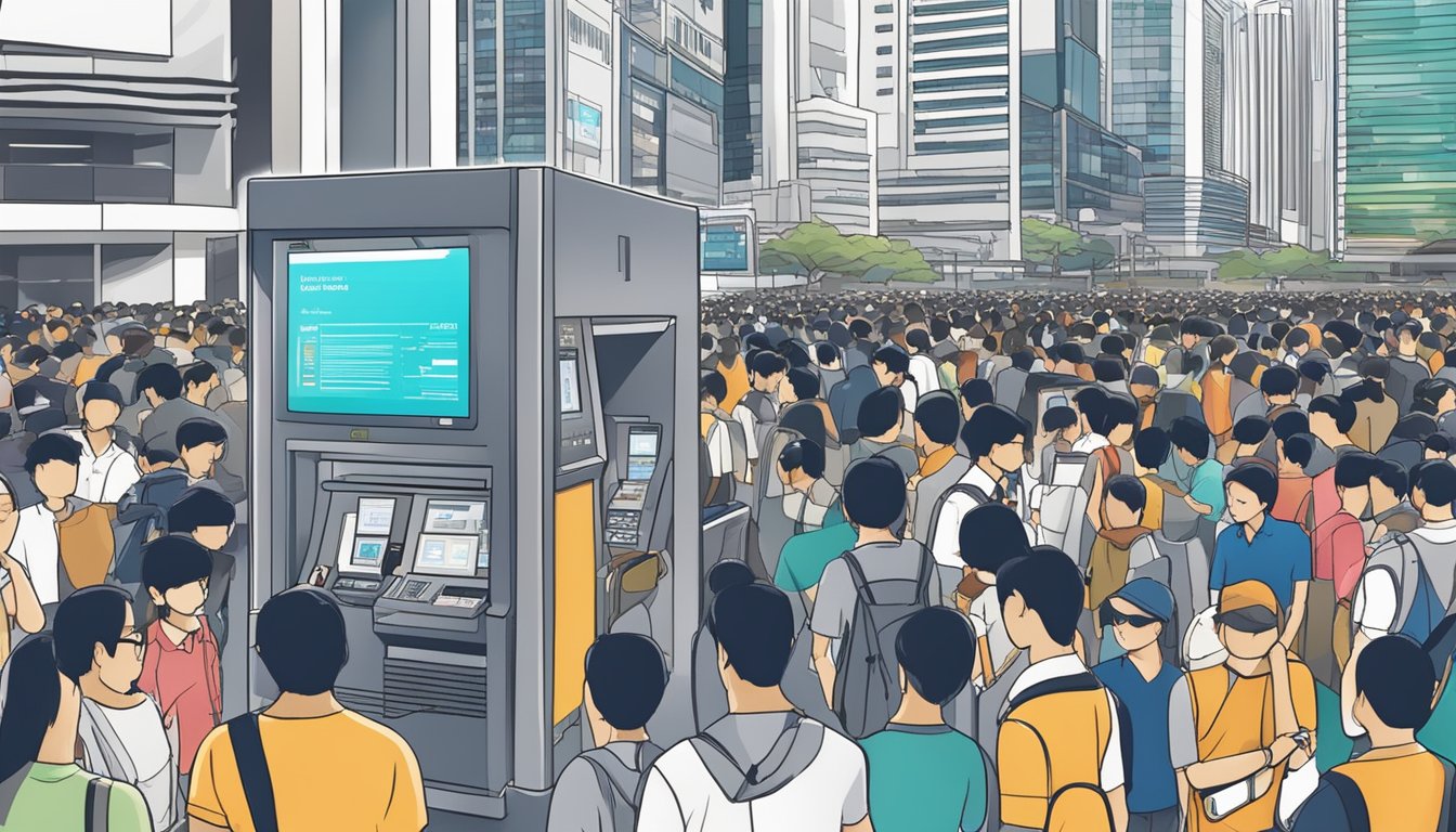 The POSB notes exchange machine is located in a busy area of Singapore, surrounded by bustling crowds and modern buildings