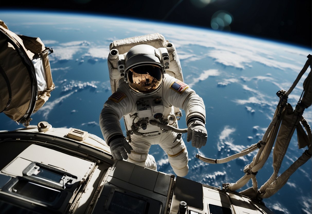 Astronauts float outside spacecraft, surrounded by stars and Earth, filming spacewalk scenes for movie "Gravity."