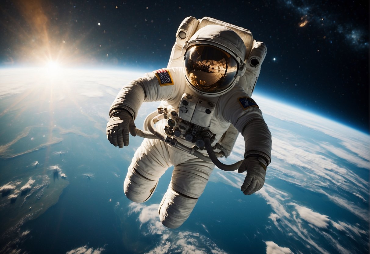 A spacewalk scene with a backdrop of the Earth, featuring an astronaut floating in the vacuum of space, surrounded by stars and the vastness of the cosmos