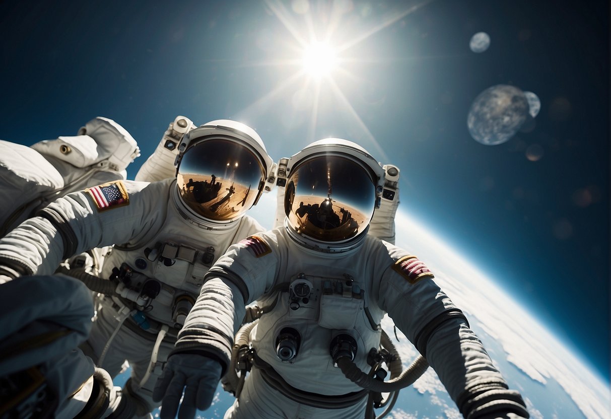 Astronauts float outside the spaceship, surrounded by the vastness of space. Their suits glisten in the sunlight as they work on repairs, their movements slow and deliberate in the weightless environment