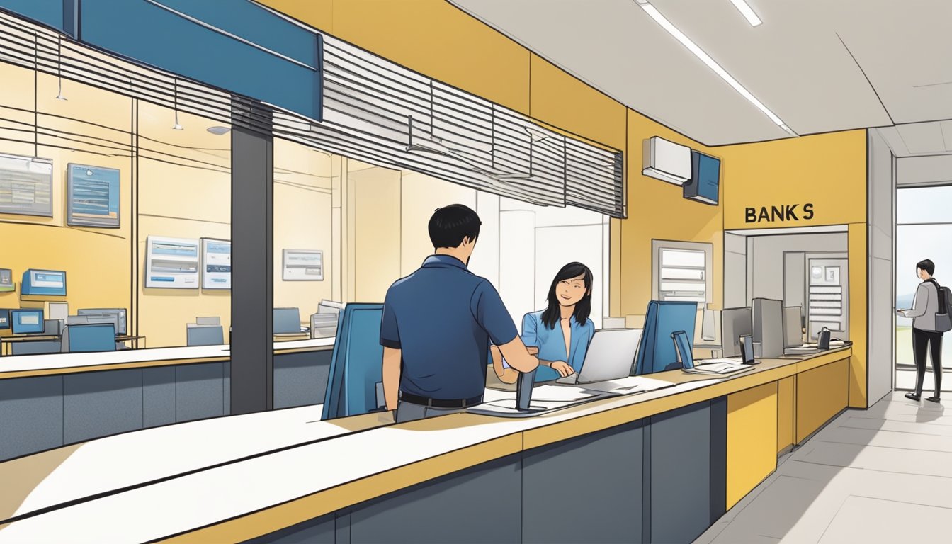 A person walks into a POSB bank branch in Singapore, fills out paperwork, and opens a work permit account. The bank teller assists with the process