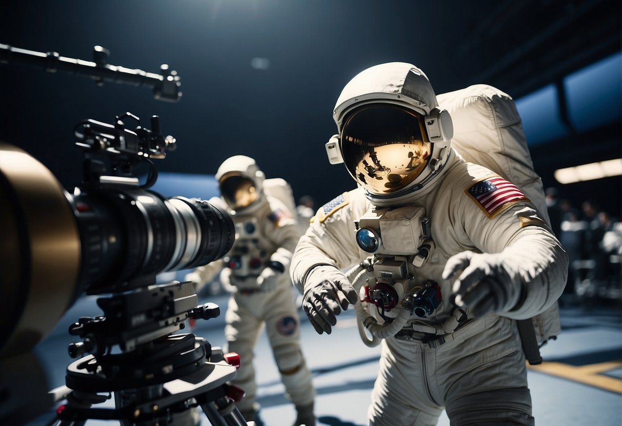 Astronaut helmet reflected in camera lens, surrounded by film crew and equipment, capturing the intense focus and dedication of bringing the moon landing to life