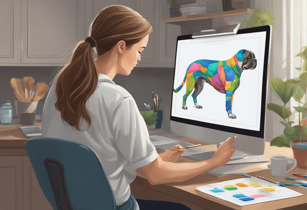 A pet owner observing a pet's anatomy chart, paintbrush in hand, ready to start an online pet portrait painting