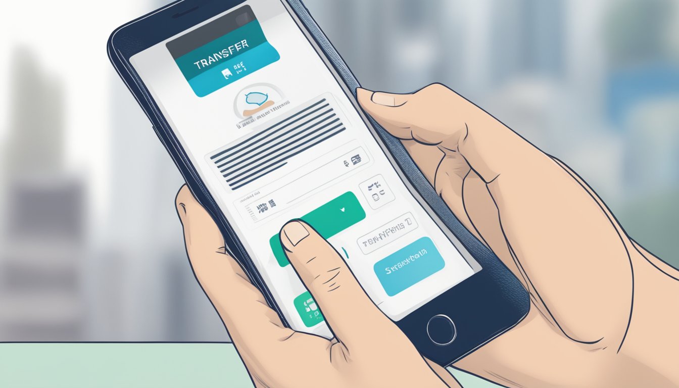 A hand presses the "Transfer" button on a mobile device. The screen displays options for overseas fund transfer to Singapore