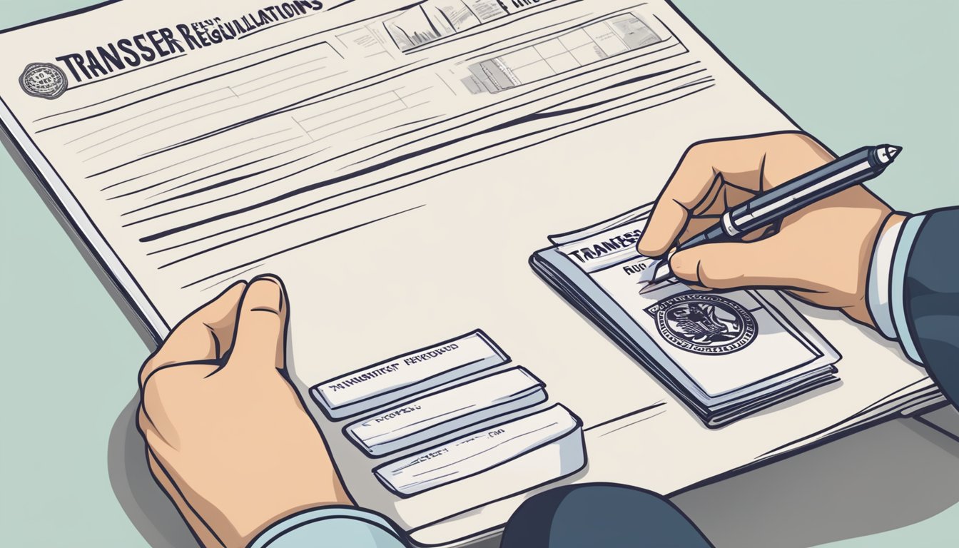 A hand holding a passport and a pen, filling out a form with the words "Transfer Limits and Regulations" at the top