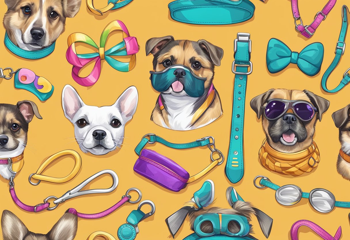 A colorful assortment of pet accessories, from collars and leashes to toys and grooming tools, displayed on a vibrant online platform