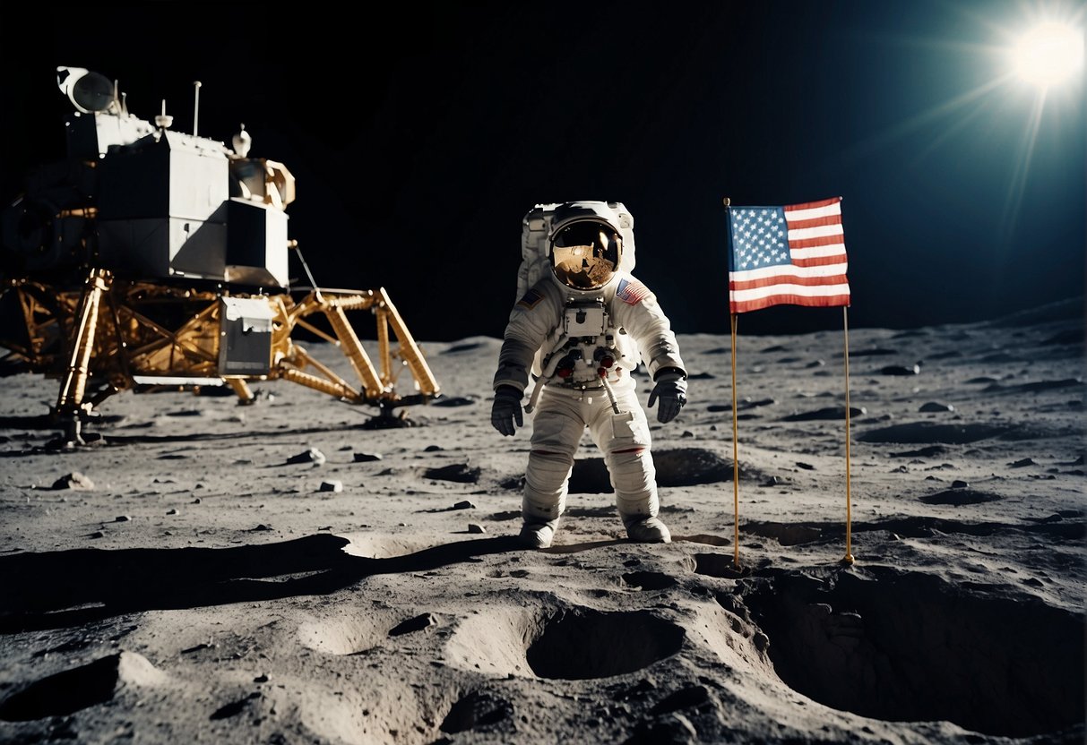 Astronaut planting American flag on moon's surface with Earth in the background. Lander and footprints visible