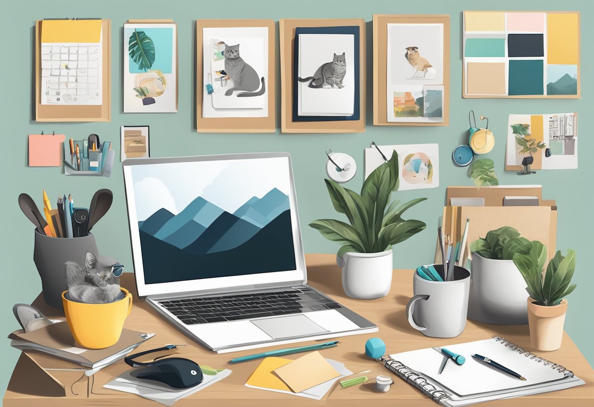 A desk with a laptop, sketchbook, and pet accessories scattered around. A mood board on the wall with images of pets and trendy designs