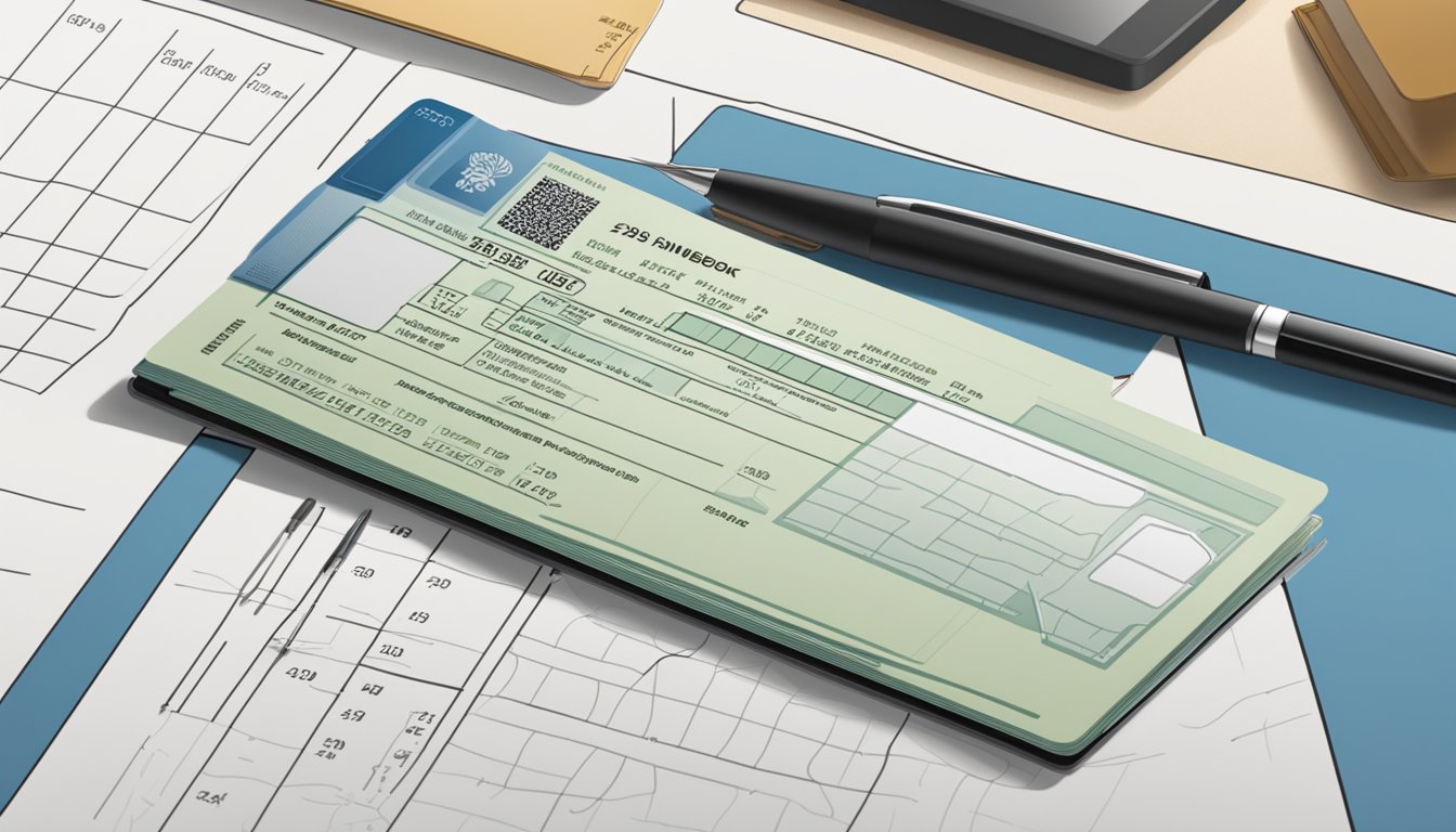 A posb passbook lies open on a desk, with a pen resting on top. The Singapore minimum balance requirement is displayed prominently on the page
