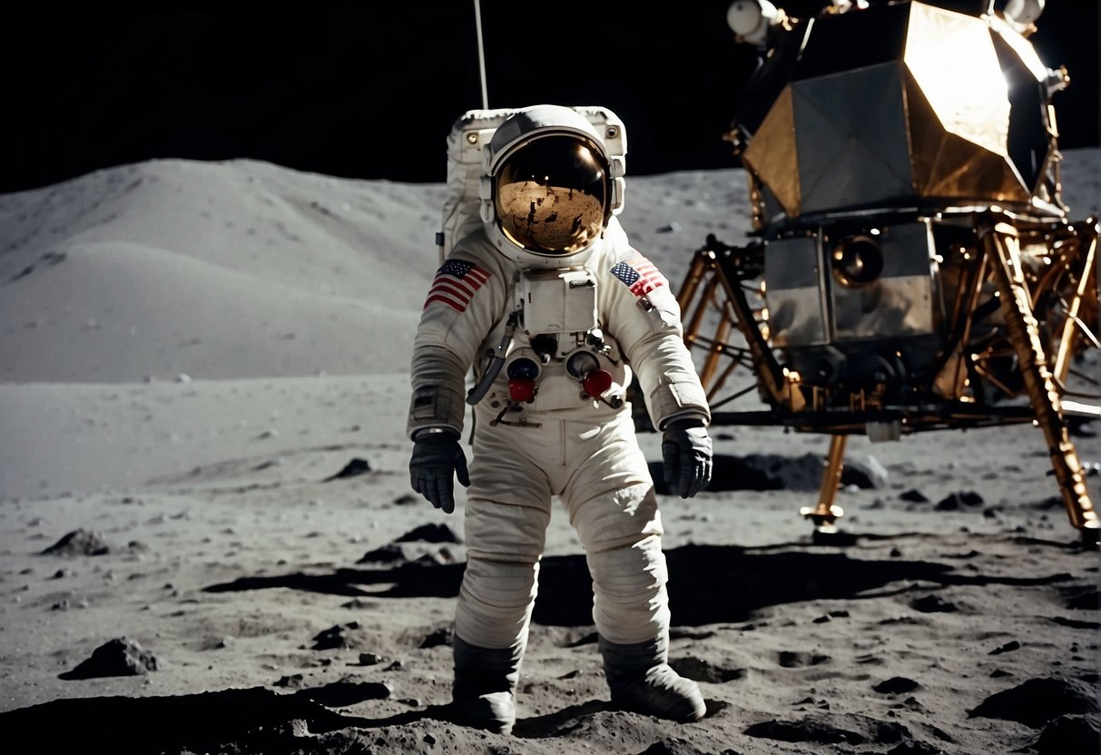 Astronauts in spacesuits stand on the lunar surface, with Earth visible in the distance. The American flag is planted in the ground, and the lunar module sits nearby, representing the historic moon landing
