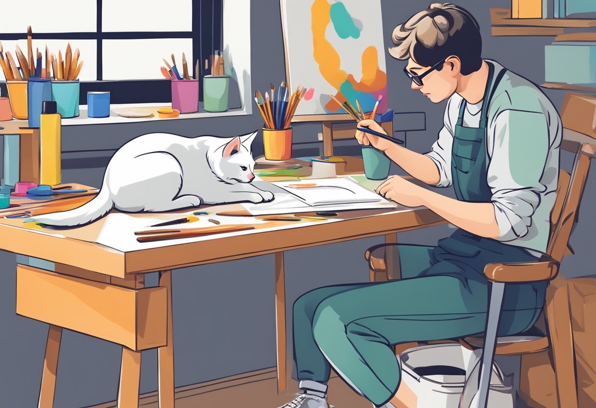 A pet portrait artist sits at a desk, sketching the outline of a dog or cat on a blank canvas, surrounded by paintbrushes and a palette of vibrant colors