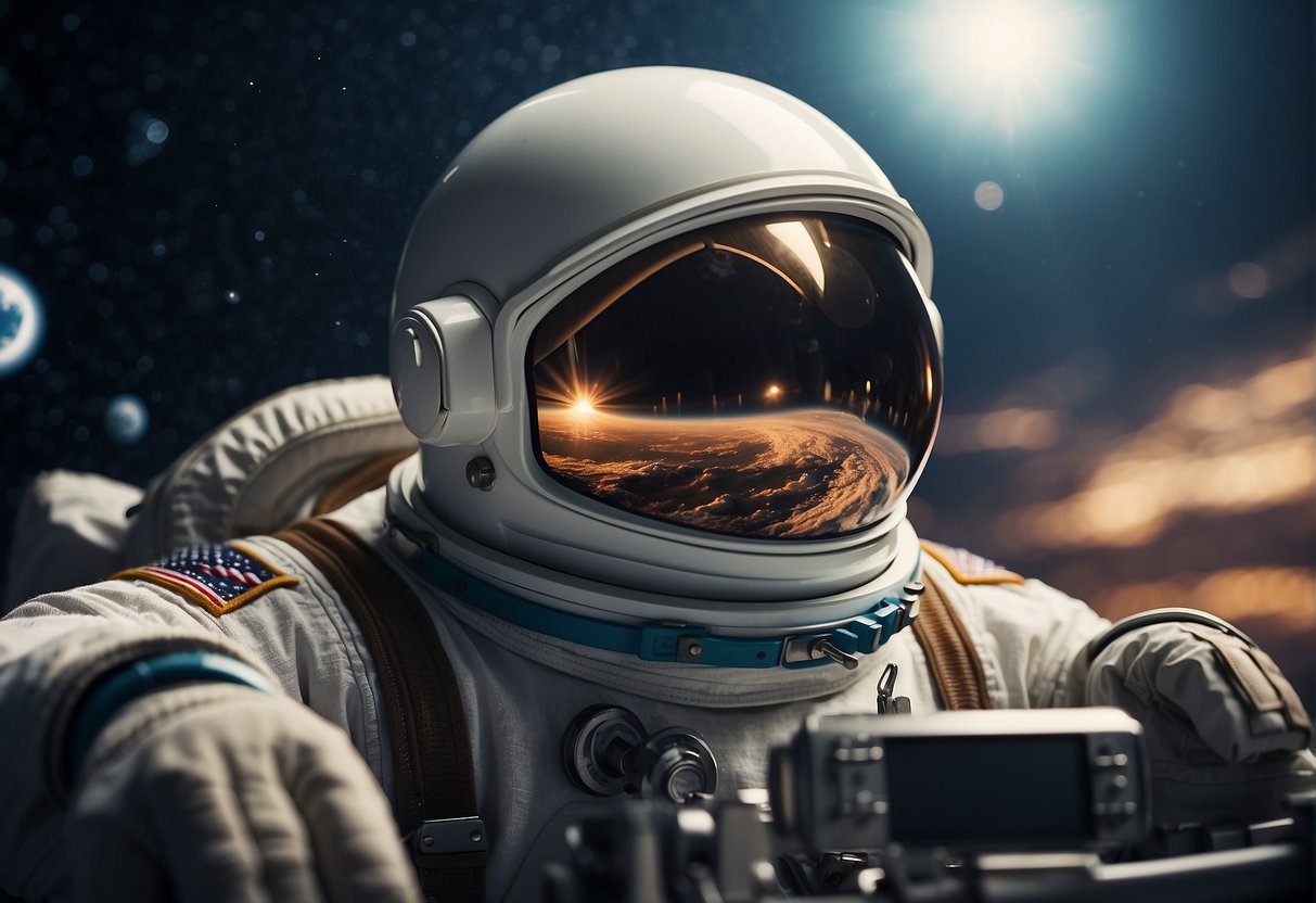 Astronaut helmet reflecting Earth and moon, surrounded by technical equipment and tools, with a sense of determination and anticipation in the air