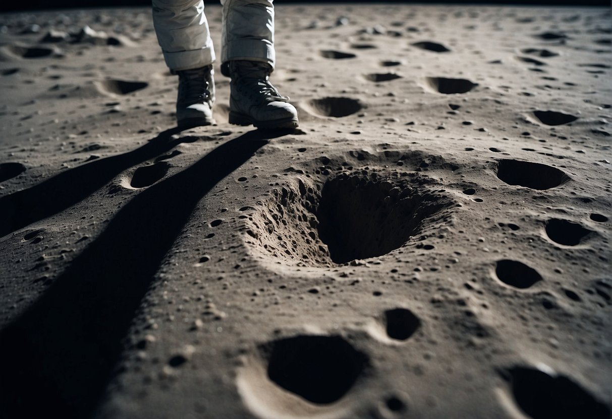The astronaut's foot presses into the powdery surface of the moon, leaving a distinct footprint behind. The Earth looms large in the background, a stark contrast to the desolate lunar landscape