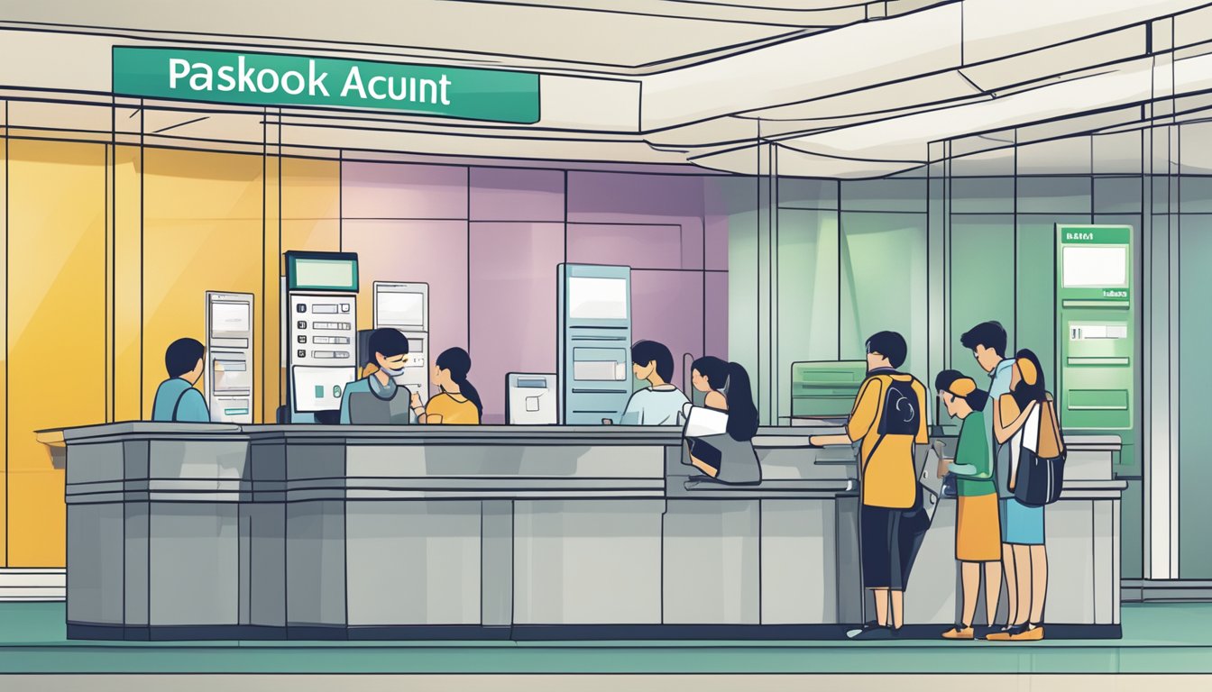 A posb passbook savings account with a minimum balance sign displayed prominently in a busy Singapore bank branch