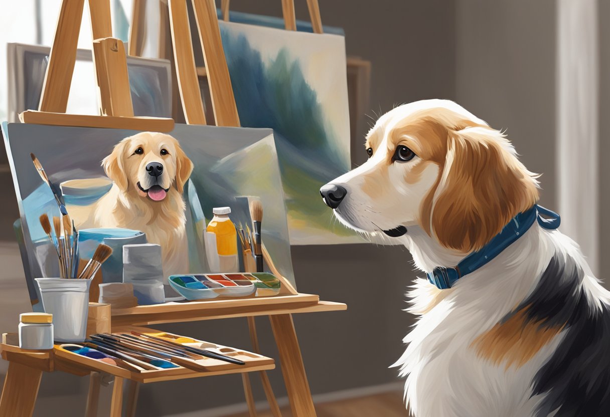 A pet portrait artist sets up their easel and canvas, preparing to capture the essence of a beloved furry friend. Paints and brushes are carefully arranged, ready to bring the pet's personality to life