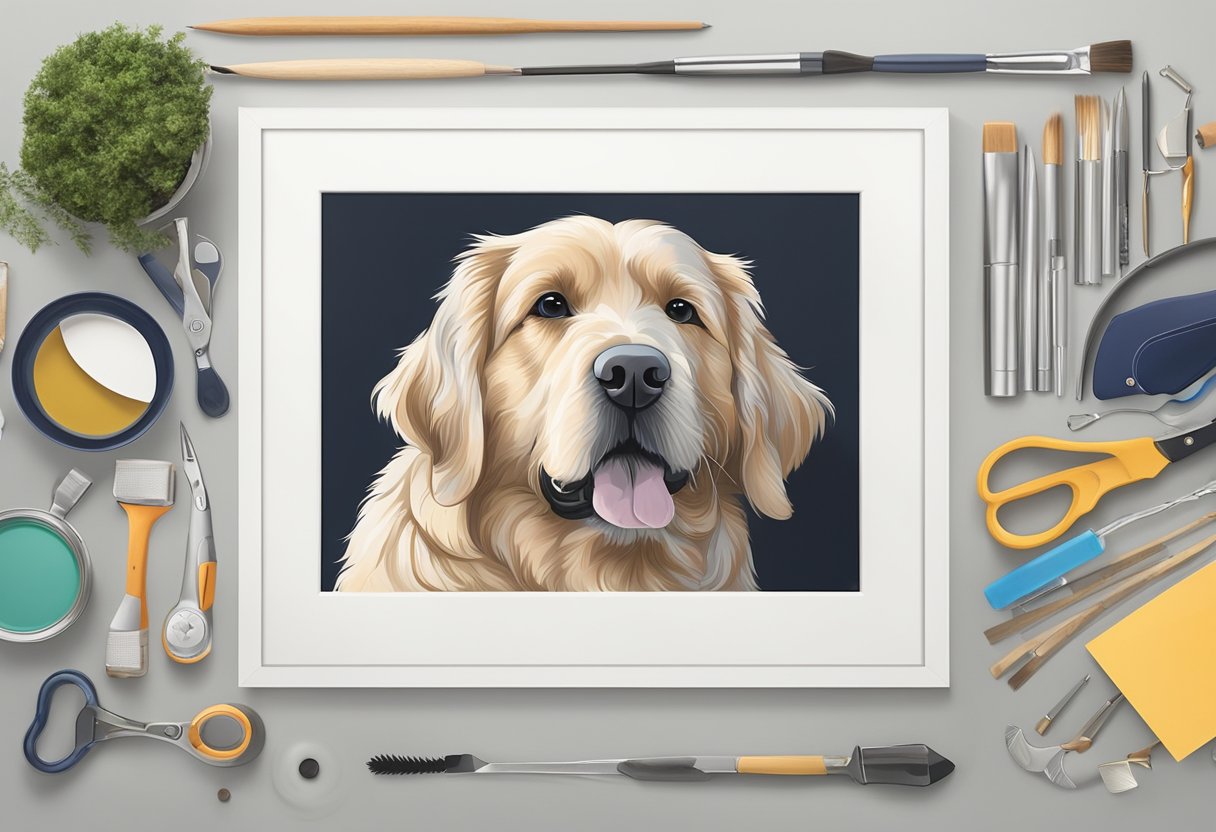 Artwork being carefully placed in a frame, surrounded by tools and materials for online pet portrait painting