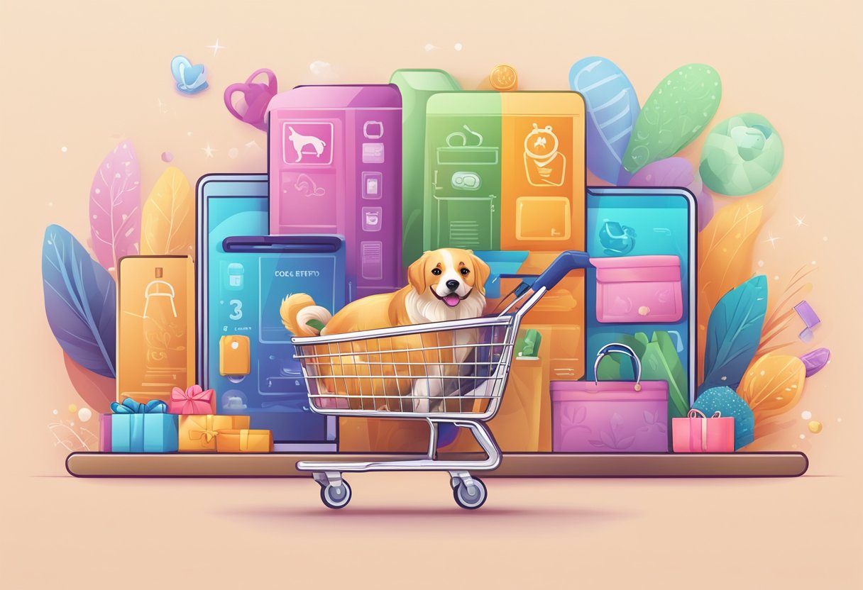 A colorful array of pet accessories displayed on a sleek website interface, with a user-friendly shopping cart and secure payment options