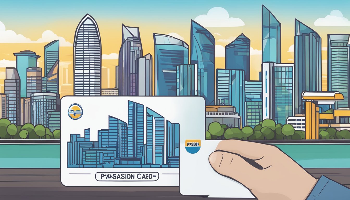 A POSB Passion Card lies on a table with the Singapore skyline in the background. The card features the POSB logo and the words "Passion Card" in bold lettering