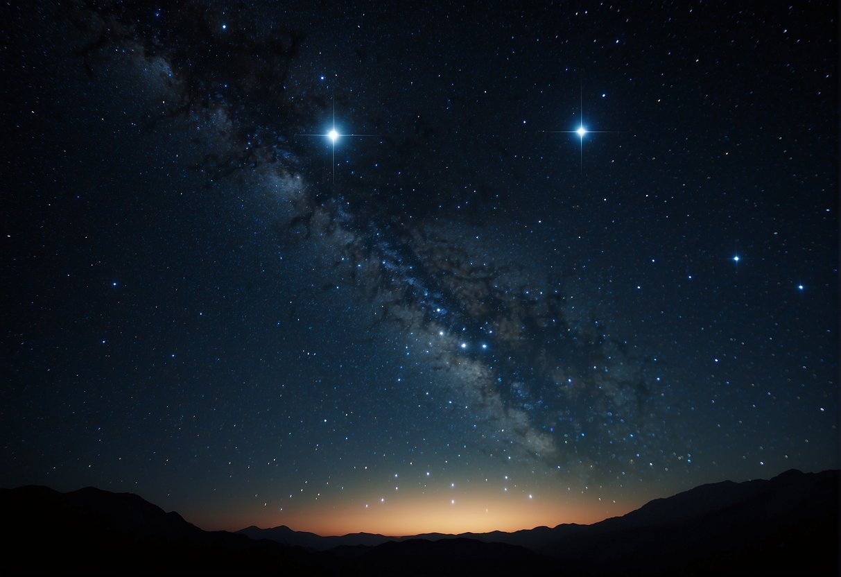 A vast, starry sky fills the frame, with CGI constellations twinkling and shimmering against the dark expanse, evoking a sense of wonder and mystery