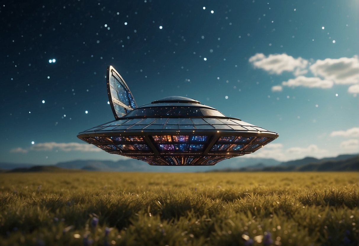 A spaceship flies through a field of CGI constellations, with vibrant colors and intricate patterns, creating a sense of wonder and awe