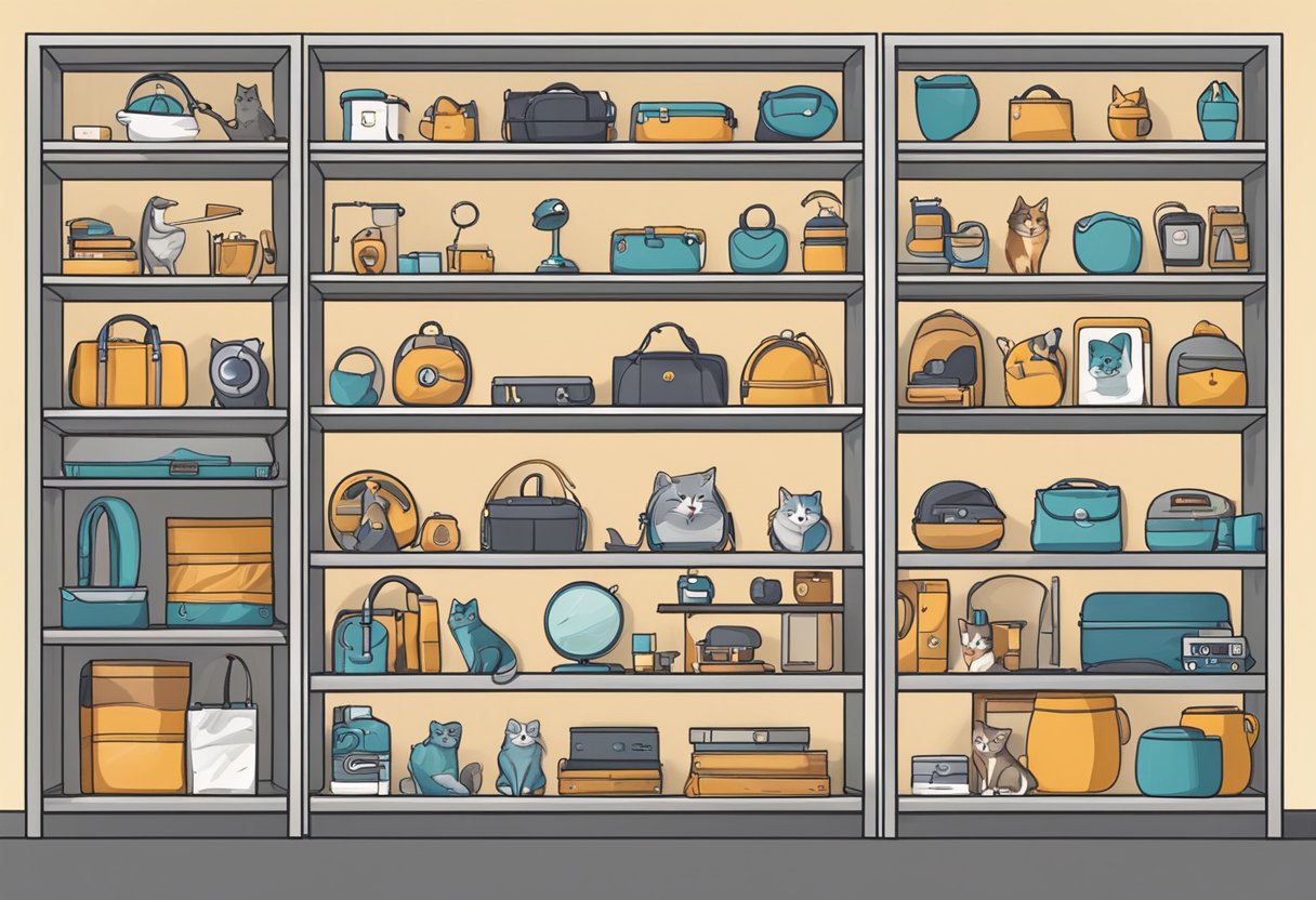 A variety of pet accessories displayed on shelves, with a focus on curated selection. Online interface visible in the background