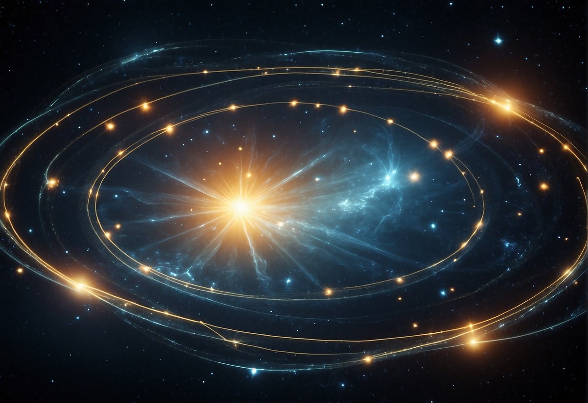 A CGI depiction of constellations in space, with vibrant visual effects highlighting the stars and their interconnecting patterns
