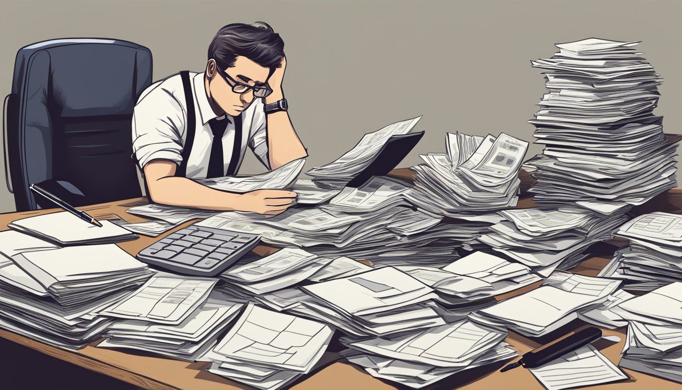 A person sitting at a desk, surrounded by bills and financial documents, with a calculator and pen in hand, looking stressed and overwhelmed