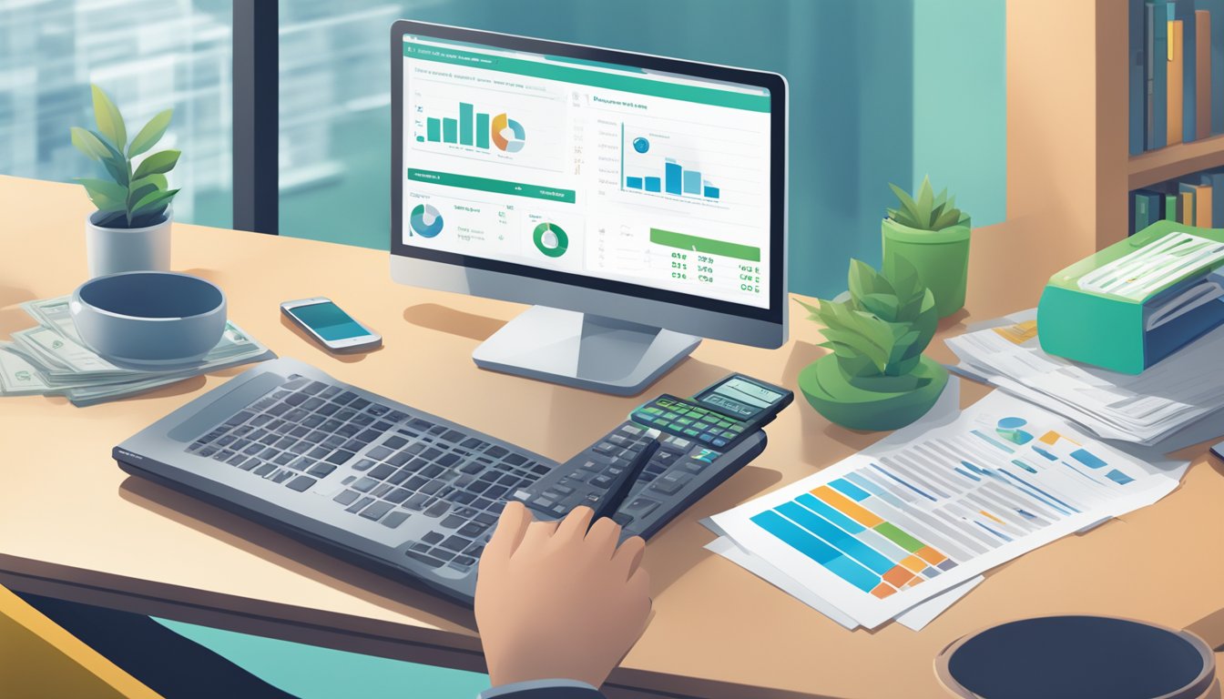 A person sitting at a desk with a laptop, surrounded by financial documents and a calculator. A Standard Chartered CashOne Personal Loan brochure is open on the desk