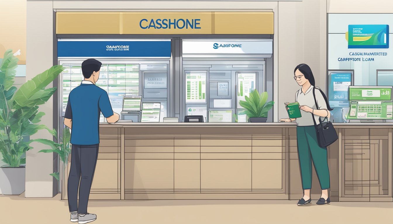 A person holding a Singaporean passport and a payslip, standing in front of a Standard Chartered bank branch with a sign that reads "CashOne Personal Loan."