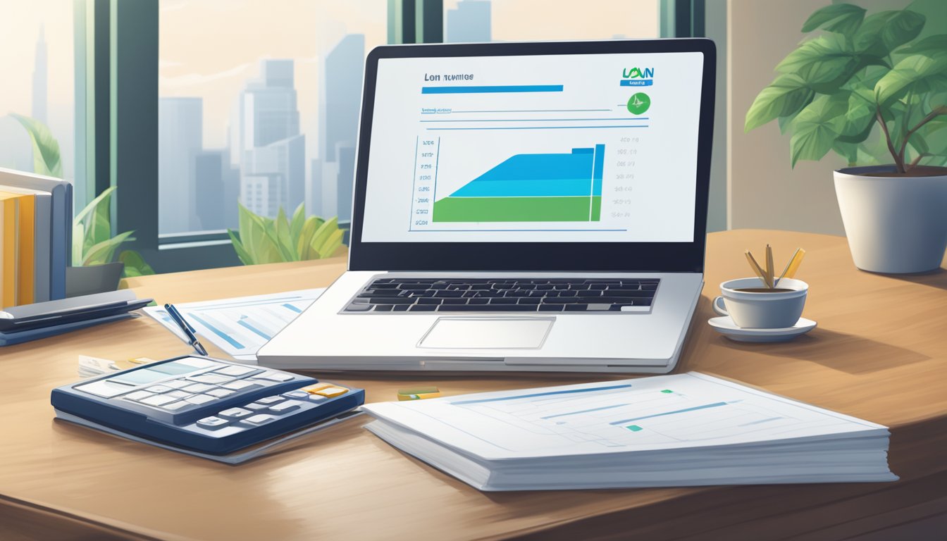 A table with a laptop, paperwork, and a calculator. A chart showing loan amounts and tenure. Standard Chartered logo in the background