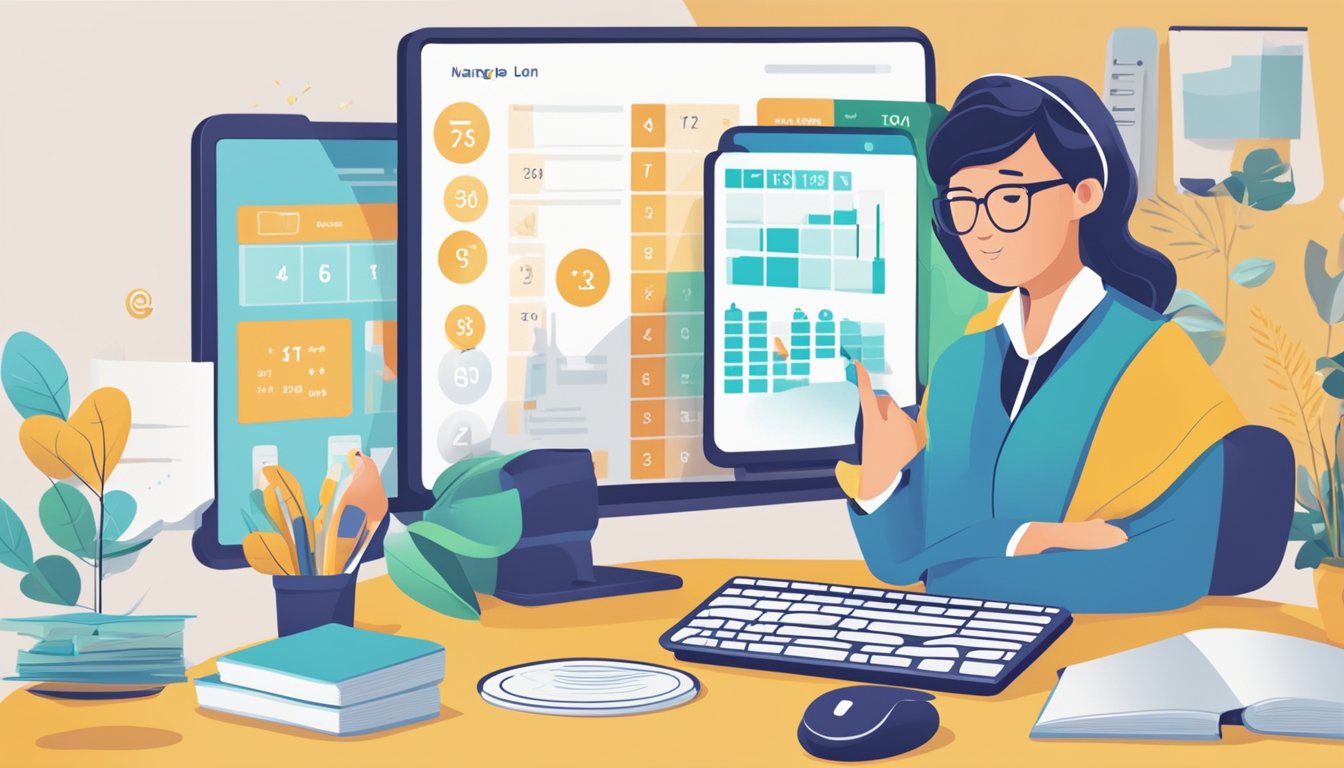 A person using a calculator to manage a loan, with a computer screen displaying the posb personal loan calculator in Singapore