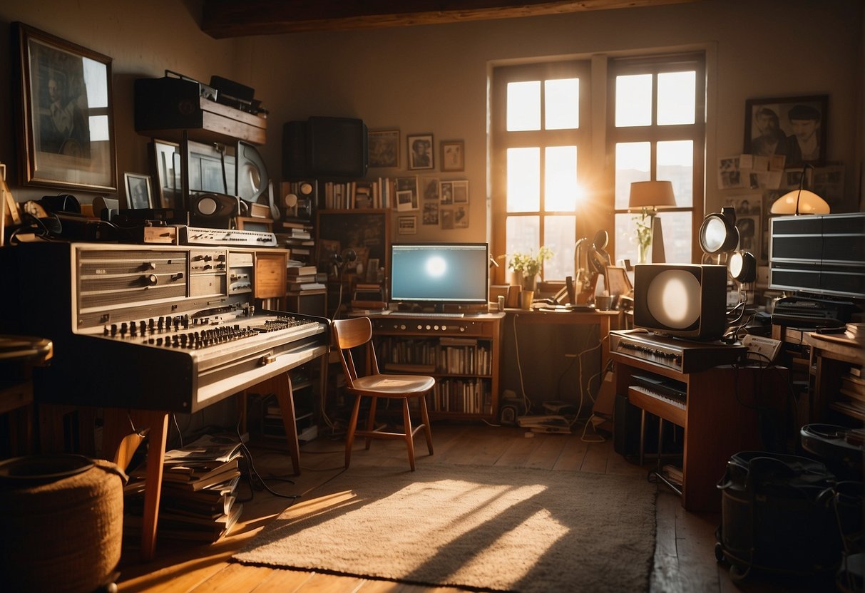 A cluttered, makeshift studio with mismatched furniture, film equipment, and posters of classic indie films. Sunlight streams in through a small window, casting a warm glow on the chaotic space