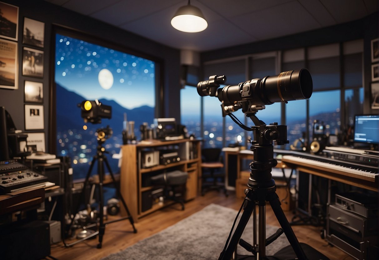 A cluttered studio with makeshift film equipment, surrounded by posters of indie films. A telescope points towards the night sky through a window